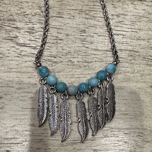 Silver Feather Necklace with Turquoise Beads